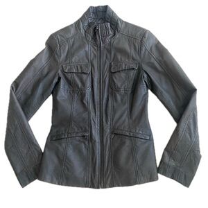 Danier Brown Leather Moto Zip-Up Jacket XS (Size US 2-4), Ruffle at Collar, EUC